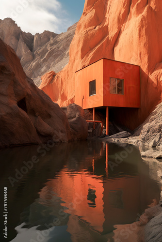 an orange house amidst rocky formations, reflecting in a tranquil pond, blending architecture with nature