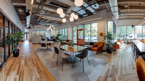 A large room filled with numerous tables and chairs for a coworking environment  featuring modern amenities and abundant natural light