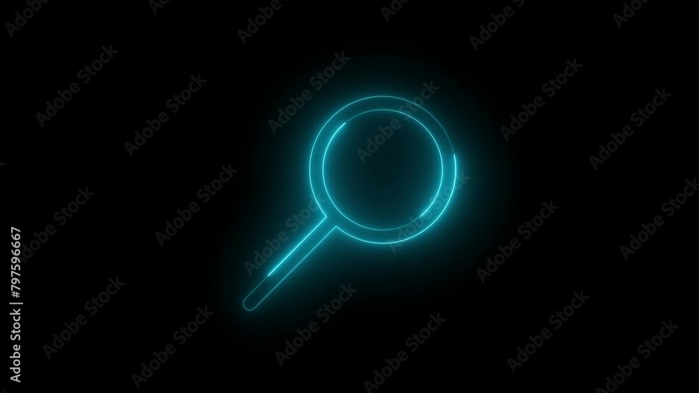Neon glowing cyan color search icon on black background animation Neon glowing cyan color search icon on black background animation
