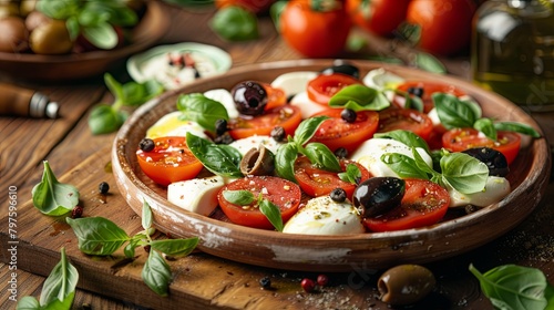 Fresh homemade caprese salad with juicy tomatoes and basil