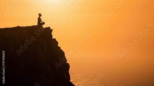 A person is sitting on top of a cliff, overlooking the vast ocean, with golden light from the sunrise casting a silhouette