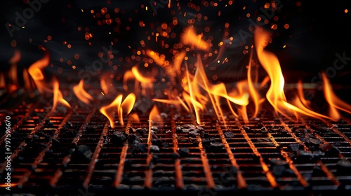 Glowing embers and lively flames on a barbecue grill at night