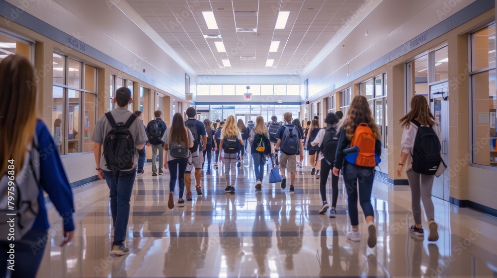 A wide-angle shot of a bustling high school corridor filled with students walking to and from classes