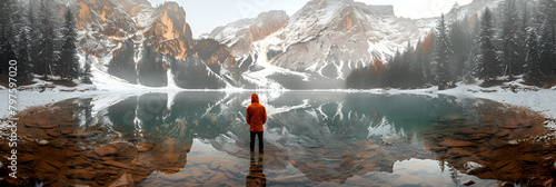 Photographing the Braies lake in South Tyrol,
Young woman with backpack on the snowy shore of Braies lake with clear water at sunny bright day in spring Travel Landscape with slim girl reflection in w