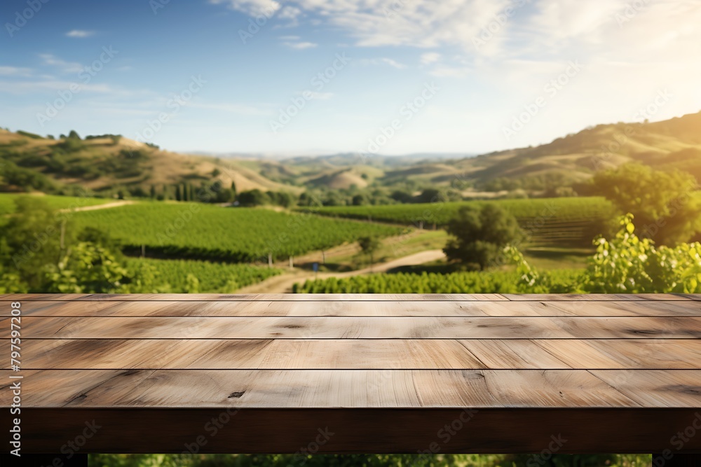 Wooden table in front of vineyards in Tuscany, Italy Wooden table in front of vineyards in Tuscany, Italy