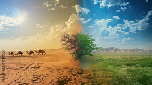 one half smoothly flows into the other. One half depicts a desert, a sandstorm and camels. The other half depicts a meadow with green grass, some trees, and a blue sky with white clouds photo