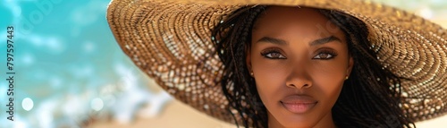 Portrait of beautiful black woman wearing large braided hat on the beach photo