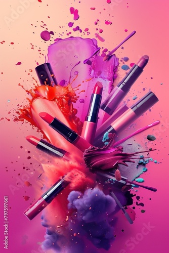 Produits de maquillage, rouge à lèvres, fond de teint, disposés en forme d'explosion sur un fond de couleurs vives avec des nuances de bleu, de rouge, d'orange et de violet.