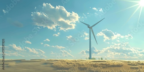 Une éolienne se dressant au milieu d'un champ, dans un ciel bleu parsemé de nuages blancs. Production d'énergie verte, développement durable. photo