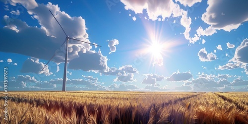 Une éolienne se dressant au milieu d'un champ de blé, dans un ciel bleu parsemé de nuages blancs. Production d'énergie verte, développement durable. photo