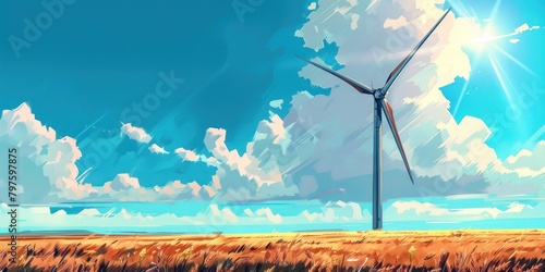 Une éolienne se dressant au milieu d'un champ de blé, dans un ciel bleu parsemé de nuages blancs. Production d'énergie verte, développement durable. photo
