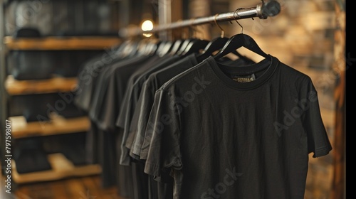 A black tshirt is hanging on a rack photo
