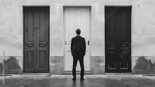 Businessman at a crossroads of three doors in monochrome