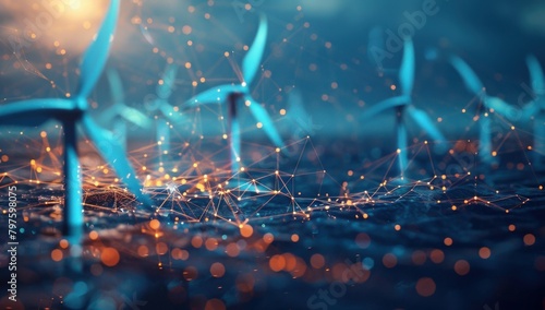 Des éoliennes numériques avec des connexions lumineuses, illustrant le pouvoir de la technologie dans la transition énergétique future et la motivation pour les objectifs de développement durable.