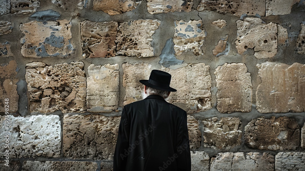 Solitary man in traditional attire reflecting by ancient stone wall Solitary man in traditional attire reflecting by ancient stone wall