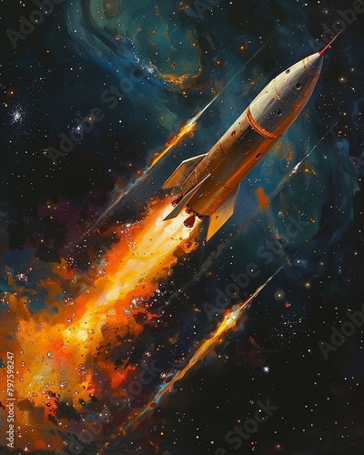 A rocket is flying through space with a bright orange flame trailing it