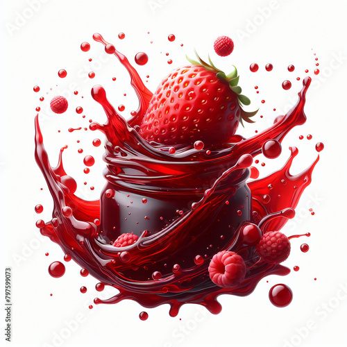 Red berry Jam splash with little bubbles fruit syrup isolated on white background, Fruity strawberry sauce, liquid fluid element flowing, red juice swirl. photo