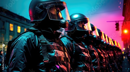a portrait riot police full of bright colors in the style of terror wave