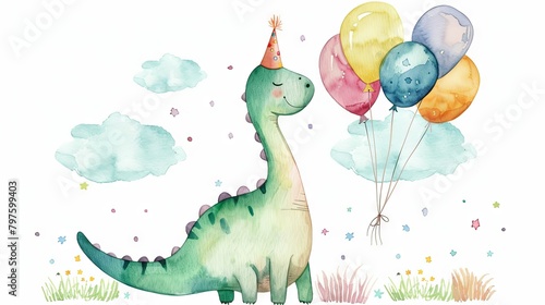 Fototapeta Naklejka Na Ścianę i Meble -  Cheerful dinosaur with party hat and colorful balloons celebration 