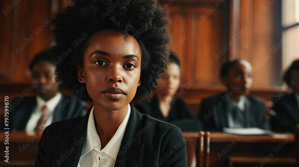 Profound young dark-skinned lawyer in courtroom setting Profound young dark-skinned lawyer in courtroom setting