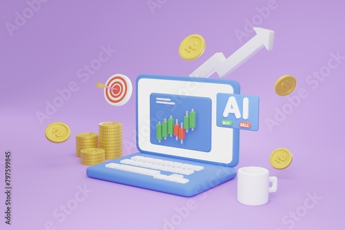 Purple background, blue laptop, showing results of stock trading and investing using AI for management 3d renderings.