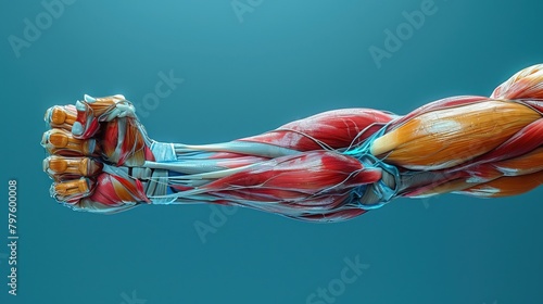 Anatomic illustration of the human arm showing muscles, tendons, and ligaments photo