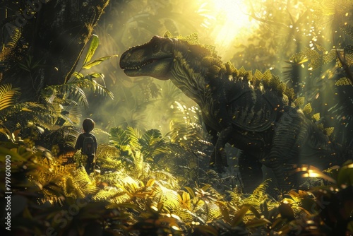 Young boy walking with giant dinosaur in mystical sunlit jungle, a serene encounter in lush prehistoric woods © AIchemist