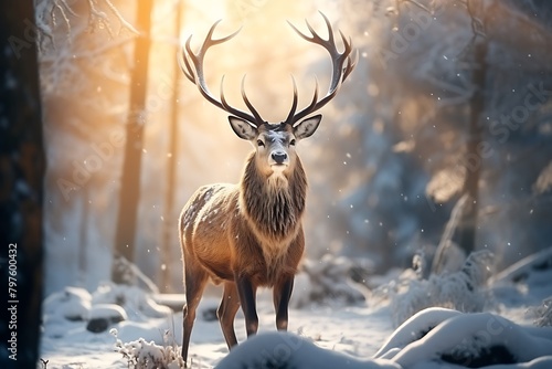 Majestic red deer stag in snowy forest during rutting season photo