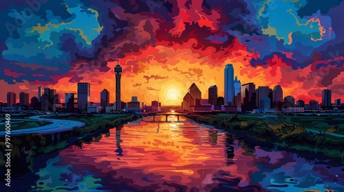 Bold strokes depict a fusion of city towers and Texan rednecks, evoking contrasts and cultural intersection.  photo