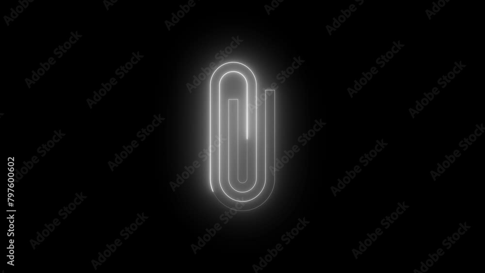 Neon glowing white color attach icon on black background animation Neon glowing white color attach icon on black background animation