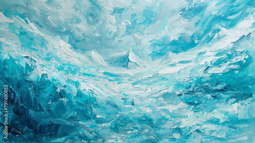 Glacier scene in oil, icy blues and teal tones depicting the serene and majestic Arctic.