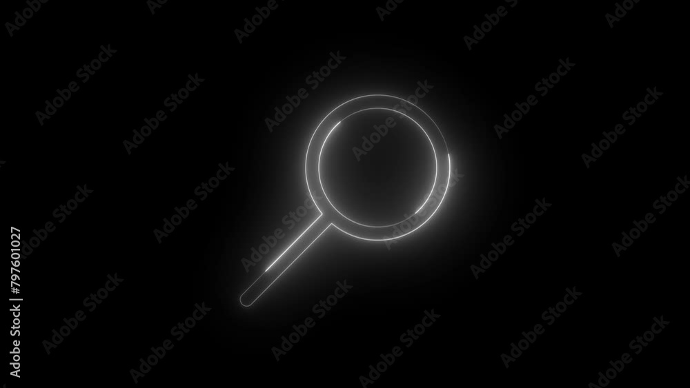 Neon glowing white color search icon on black background animation Neon glowing white color search icon on black background animation