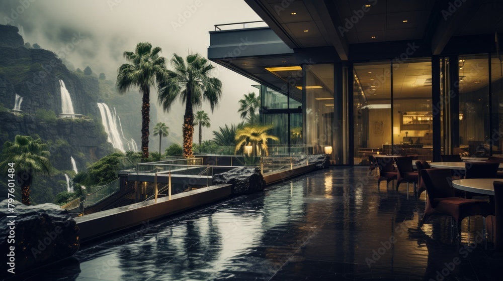 Fototapeta premium a illustration museum mountainside palm trees sun showers springs hotel raining pouring, AI Generative