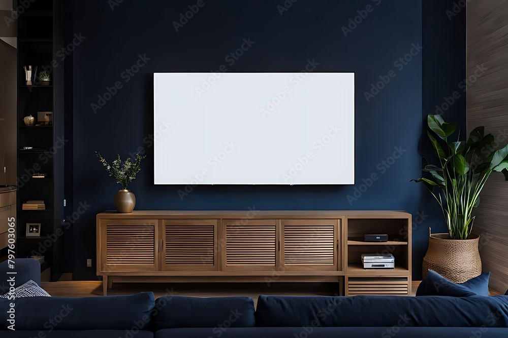  Dark blue wall in night time have tv on wood cabinet in living room with sofa 