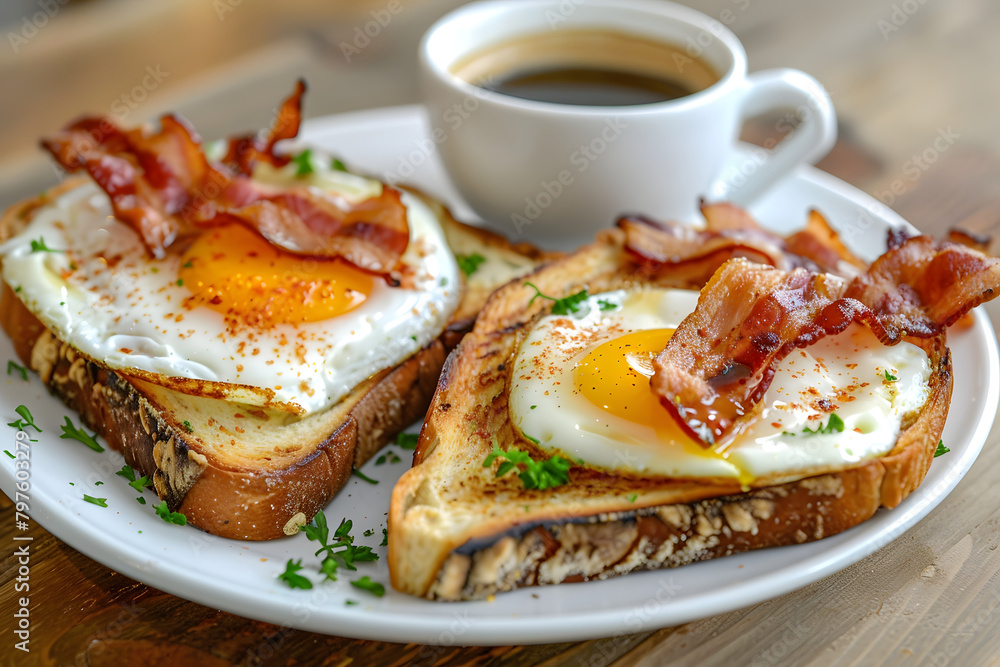 Classic breakfast with sunny-side-up eggs and crispy bacon on toast, served with a cup of coffee. Morning meal and breakfast food concept. Ideal for restaurant menus and food blogs Classic breakfast with sunny-side-up eggs and crispy bacon on toast, served with a cup of coffee. Morning meal and breakfast food concept. Ideal for restaurant menus and food blogs