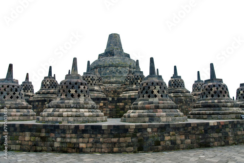 Borobudur Temple. The top terrace with the perforated stupas. Central Java, Indonesia. Transparent background.