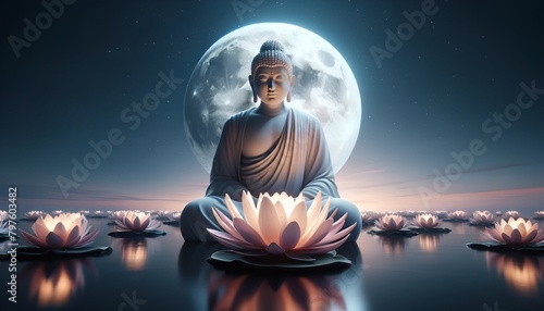 Buddha purnima background with buddha statue on full moon night.