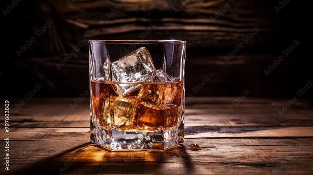 A whiskey glass with ice showcasing a relaxing and indulgent evening vibe