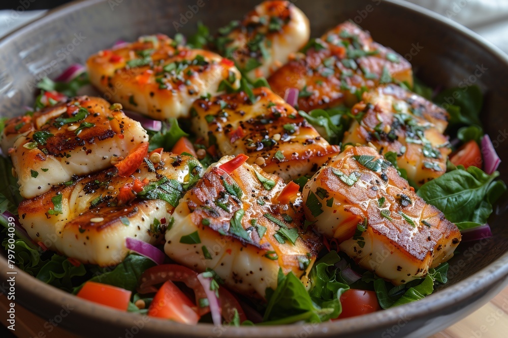 A delectable lunch spread featuring grilled fish fillet, fresh vegetables, and aromatic herbs. A delectable lunch spread featuring grilled fish fillet, fresh vegetables, and aromatic herbs.