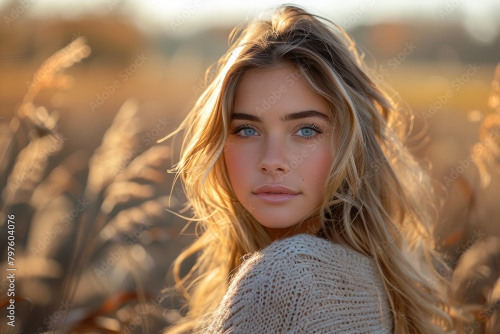 A charming lady exudes sensuality and freedom, posing in a sunny field for a romantic outdoor portrait. A charming lady exudes sensuality and freedom, posing in a sunny field for a romantic outdoor portrait.