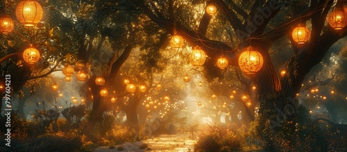 Lanterns suspended from tree branches sway with the breeze  casting playful shadows on the ground. 