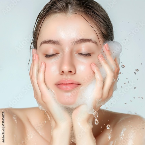 A young woman cleanses her face with bubble foam on a white background.