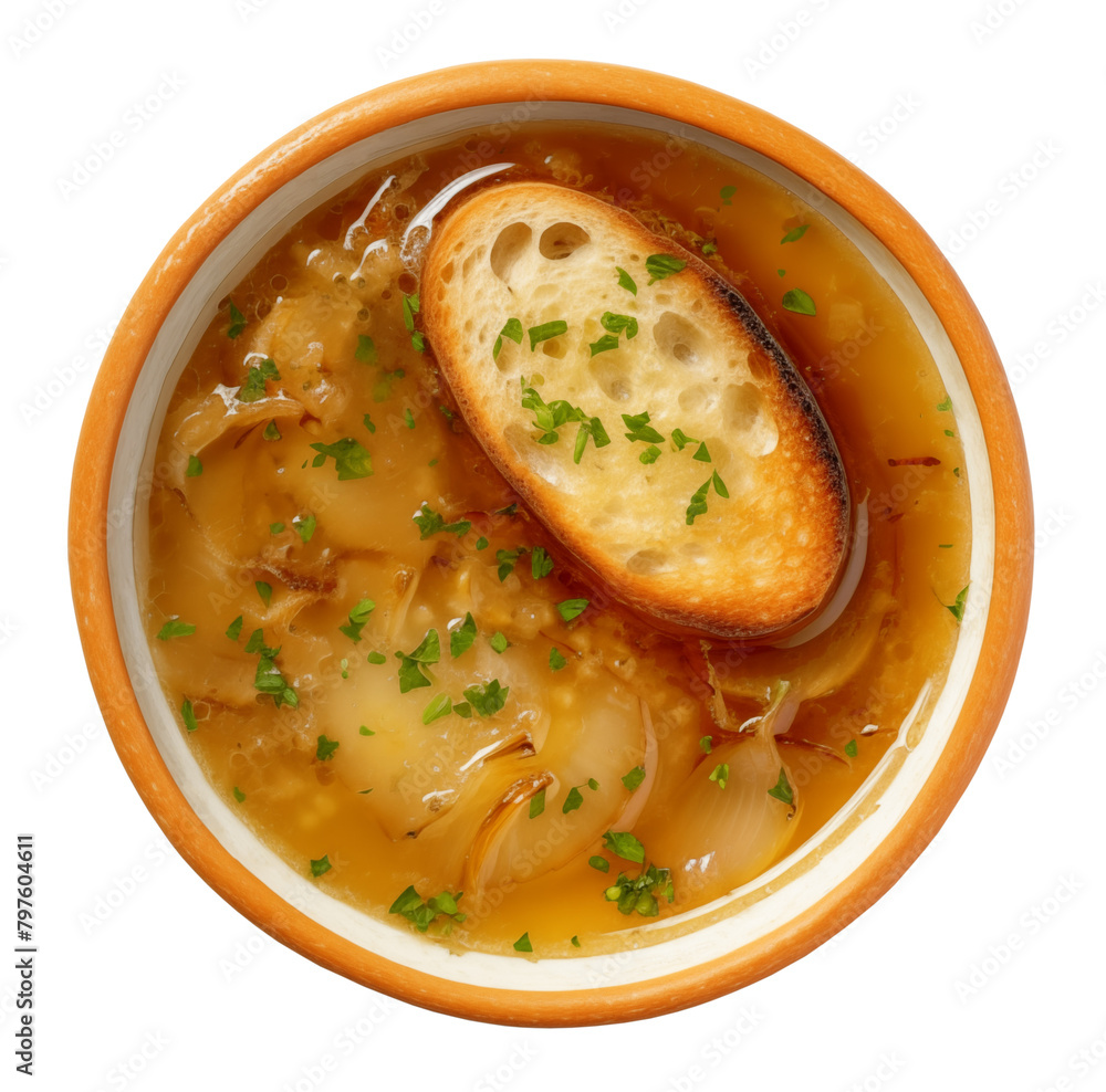 Onion soup, top view, transparent background