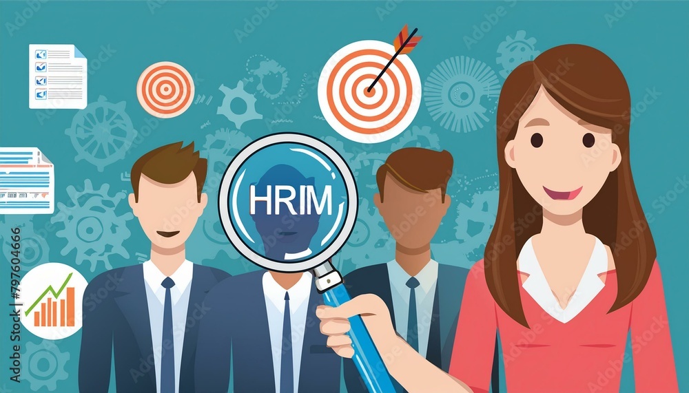 HRM or Human Resource Management, Magnifier glass focus to manager icon which is among staff icons for human development recruitment leadership and customer target. resume, interview HRM or Human Resource Management, Magnifier glass focus to manager icon which is among staff icons for human development recruitment leadership and customer target. resume, interview