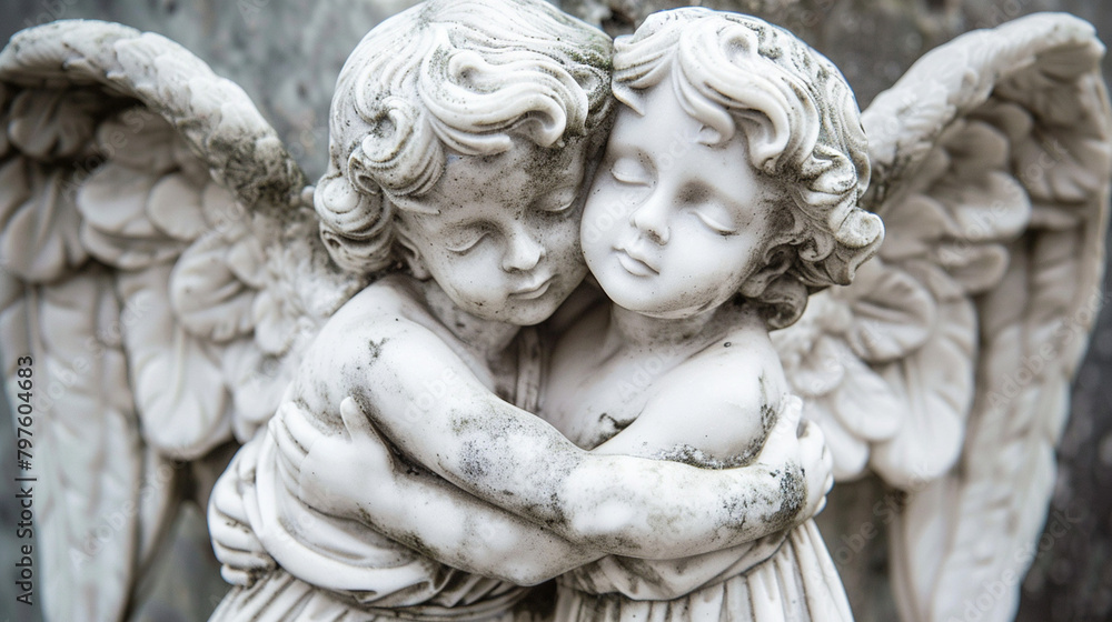 A pair of angels embracing in a tender hug, symbolizing love, compassion, and unity. A pair of angels embracing in a tender hug, symbolizing love, compassion, and unity.