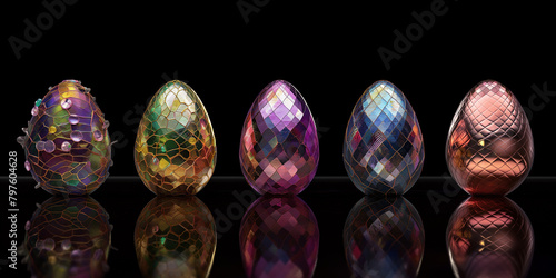 Viele bunte Ostereier im Diamanten Schliff als Deko in metallischen Farben im Querformat für Banner, ai generativ