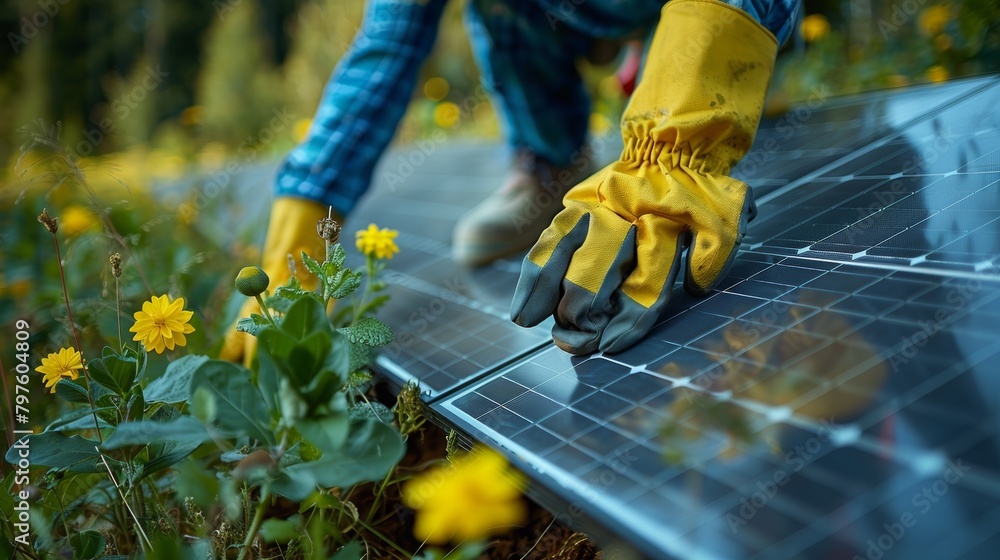 Methodically, the technician configures solar panels, symbolizing a commitment to sustainable practices. Methodically, the technician configures solar panels, symbolizing a commitment to sustainable practices.