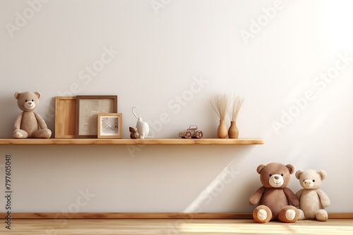 Interior of children room with wooden shelf and teddy bears. 3d render
