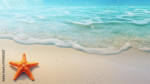 A vibrant starfish centered on a pristine sandy beach, with a clear horizon in the background, designed for use in marine biology and conservation projects, with text space