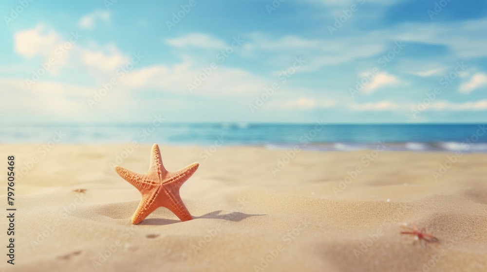 A minimalist beach scene focusing on a starfish, with a vast sandy background providing a tranquil setting and substantial space for editorial use